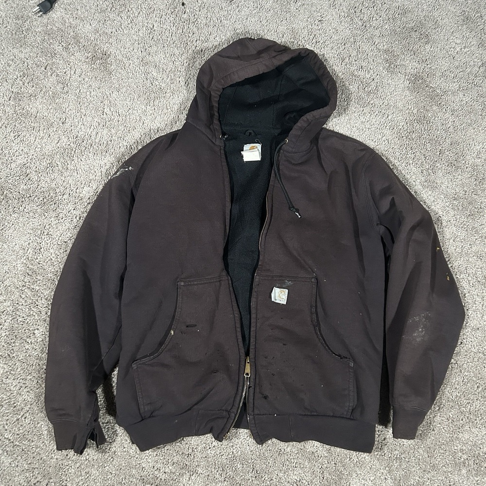 Carhartt Mens Y2K Distressed Thermal Lined Zip Hoodie Brown XL Vintage Jacket